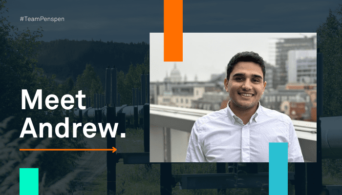 A banner with a young man smiling in front of the London skyline and the caption 'Meet Andrew'