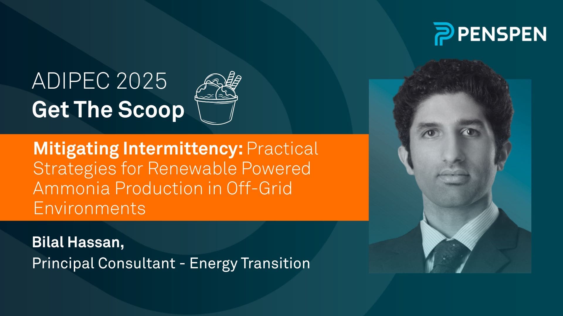 A graphic image detailing the topic of a presentation for Penspen's Get The Scoop session at ADIPEC