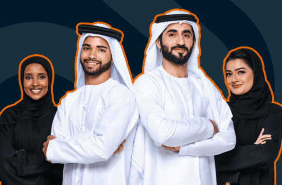 Image of four Emirati students with graphic elements outlining them in orange