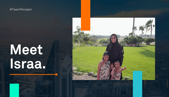A banner featuring a photo of a woman with two children and the words Meet Israa