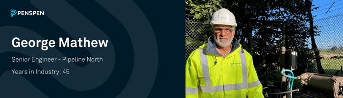 A banner with a picture of a man in Penspen PPE and the name George Mathew