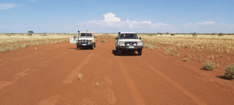 An image of the Australian outback, showing two white pick up trucks driving across a sandy road towards the camera