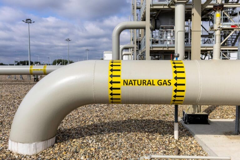 Natural gas main high pressure pipeline with yellow label