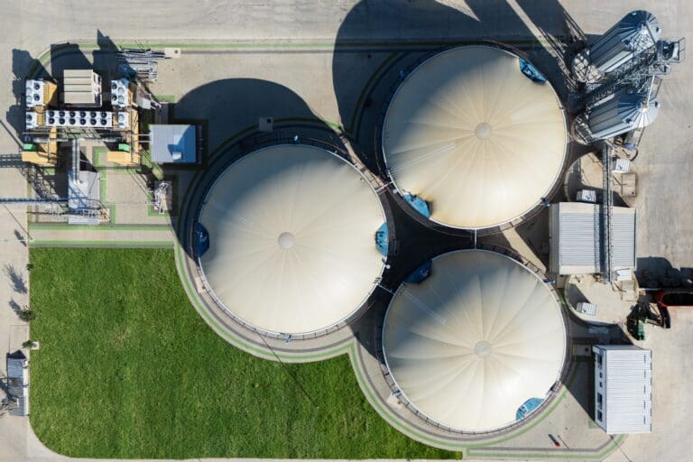 Aerial view of biogas plant for biomethane production