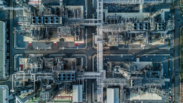 An aerial view of some pipelines at an industrial facility