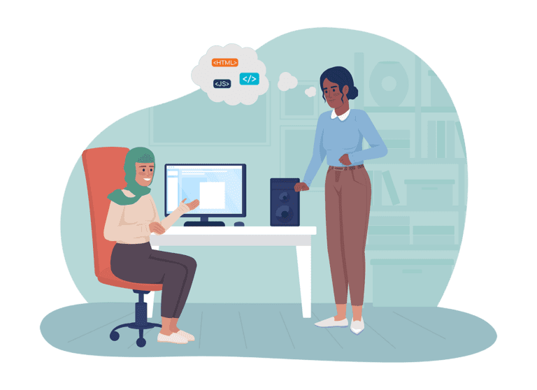 An illustration of a student wearing a hijab sitting at a computer. Her teacher is standing next to her and has thought bubbles that show coding as she suggests it as a potential career option